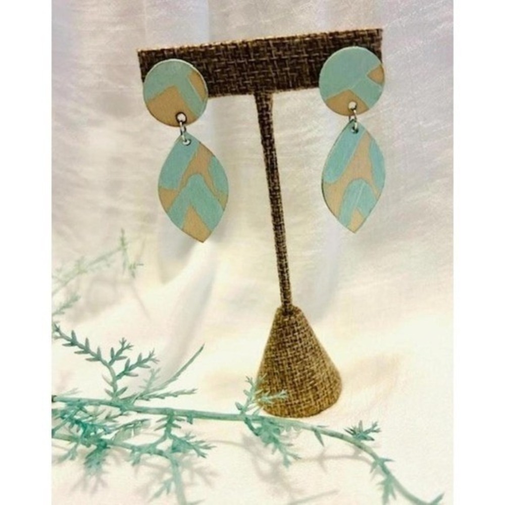 Mint Green Abstract Painted Wood Geometric Leaf Drop Dangle Earrings Boho